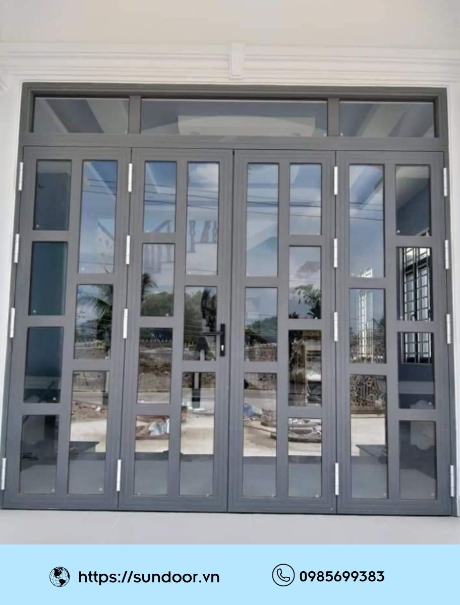 Cửa nhôm Xingfa 4 cánh chia ô màu đen đơn giản, thanh lịch
